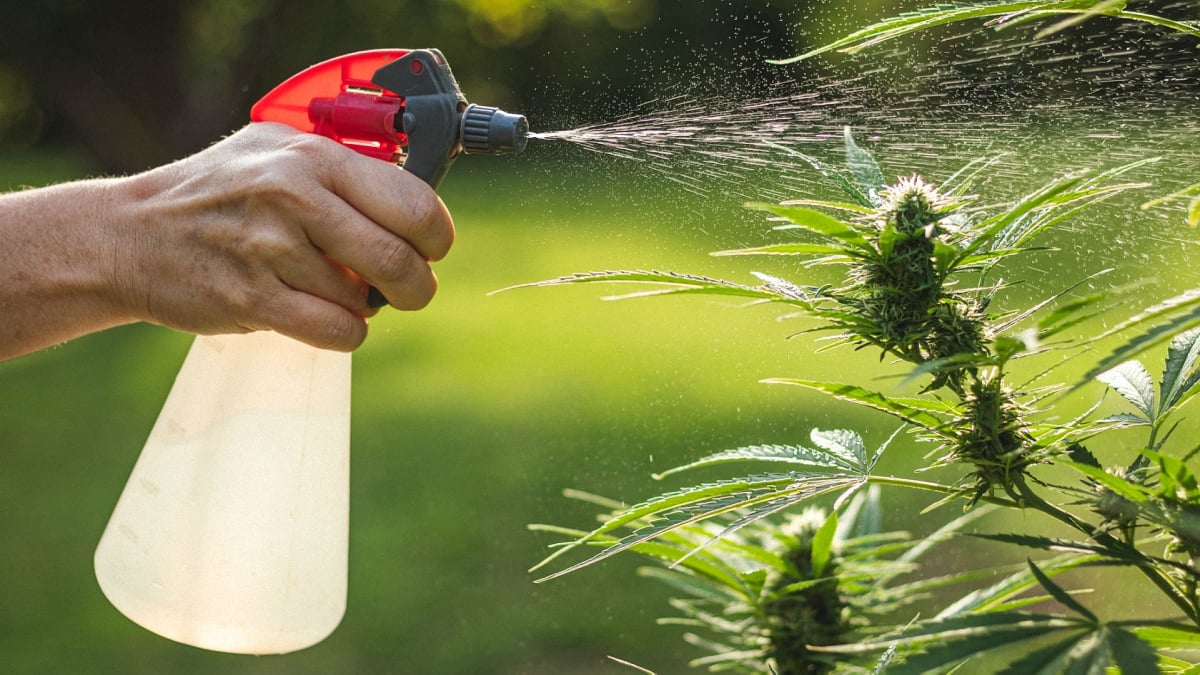 Person spraying fertilizer onto cannabis plant in an outdoor green background