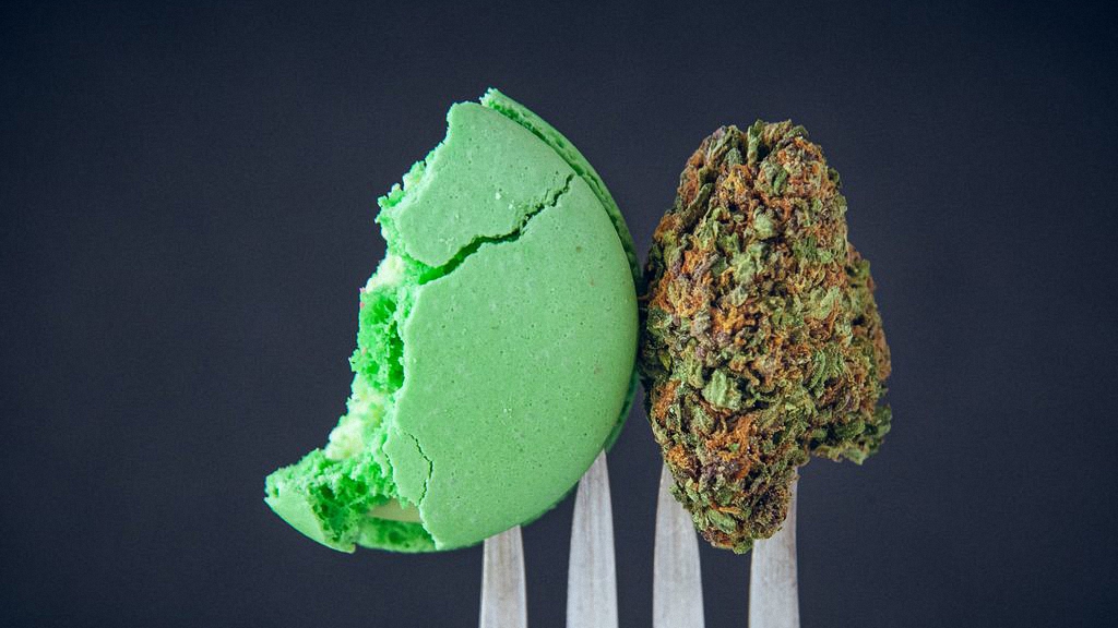 Clos up image of a fork with a green cookie and marijuana bud 