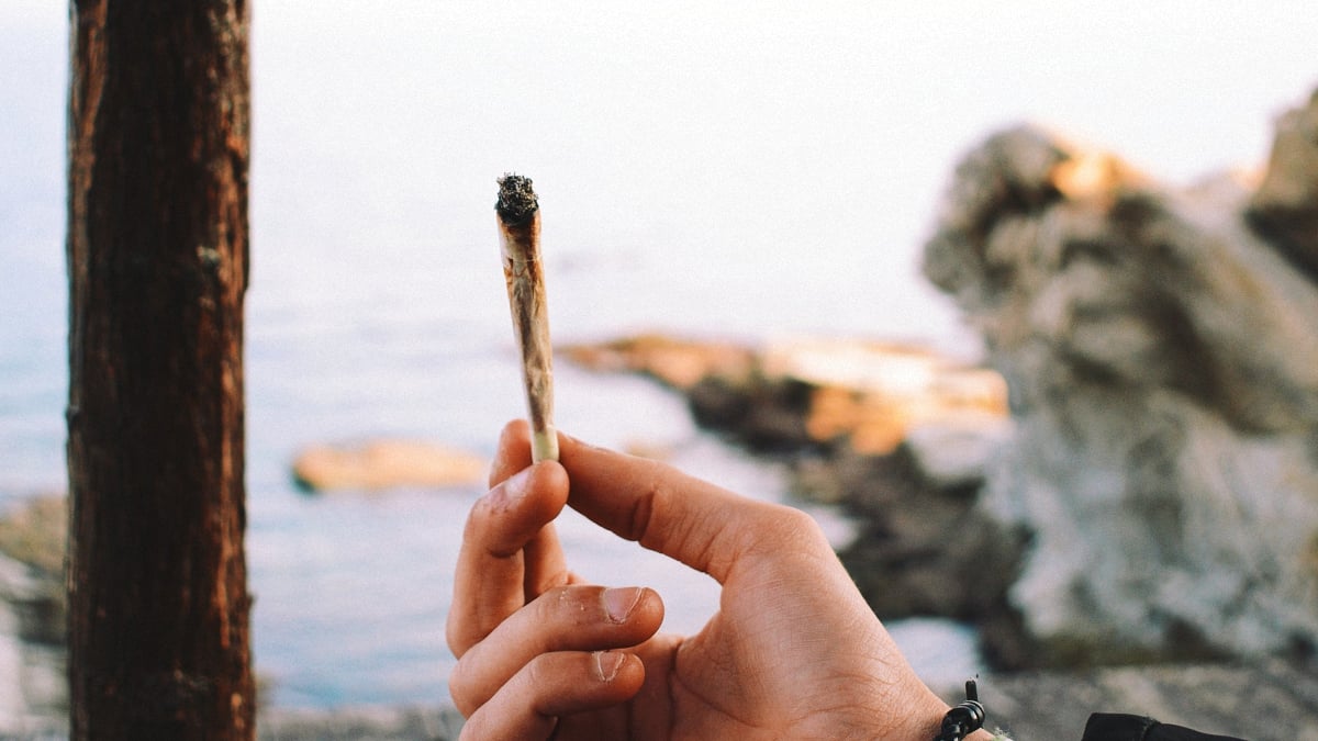 Person holding a joint in front of a lake