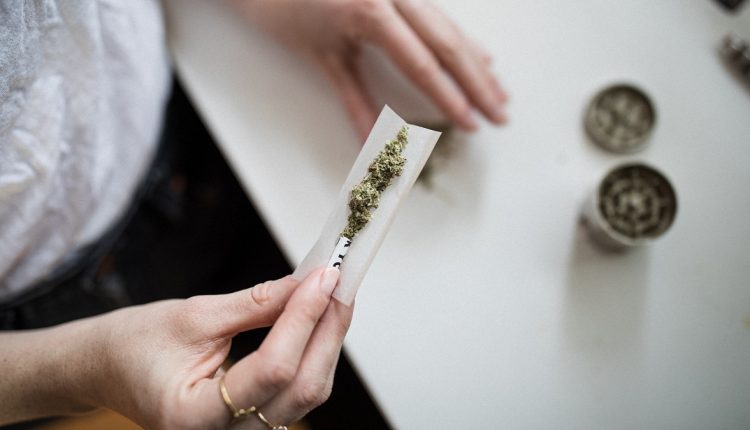 A woman packing a marijuana paper joint with a grinder in the background