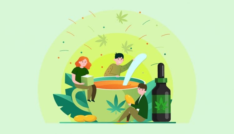 Illustration Cup of Tea with Hemp Leaf Printed Cup Beside CBD Oil and three Persons Enjoy Stirring