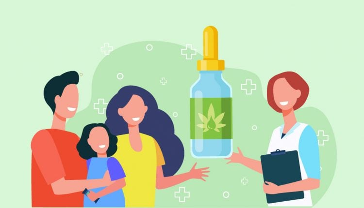 illustration of CBD Oil Given to a Kid with Parents