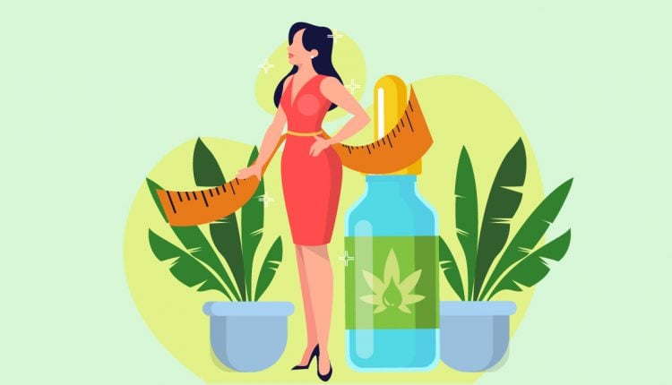 Illustration of a Woman In Shape Standing with Tape Measure and CBD Oil