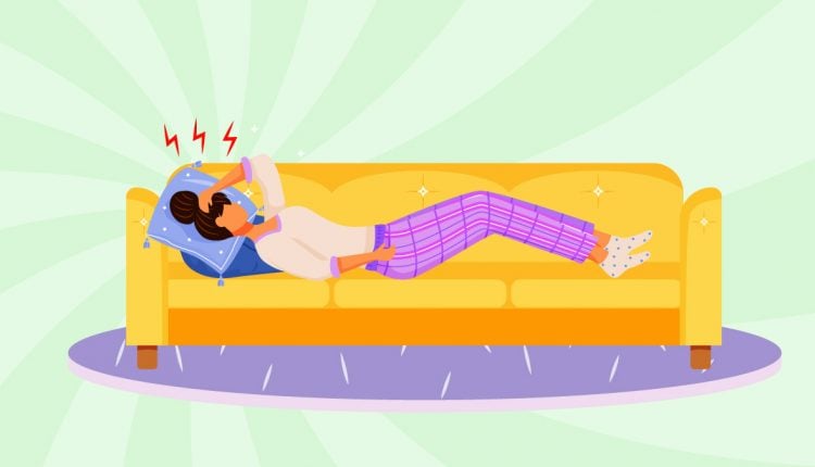 woman with migraine lying in couch Illustration