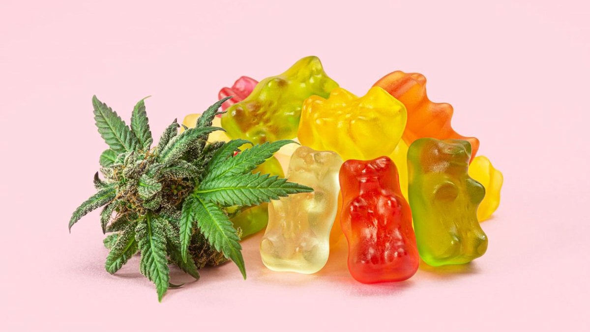 Pile of CBD gummies on top of each other next to a hemp bud in pink background