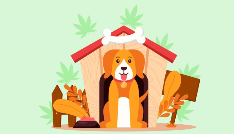 Illustration of Dog in a Dog House in Green Background