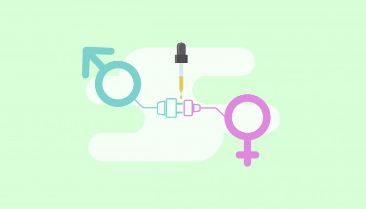 Illustration of male and female sex icons connected with CBD oil bottle