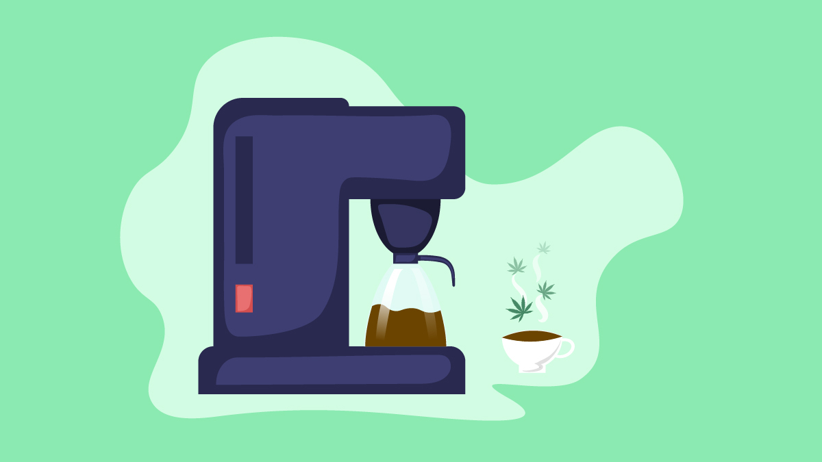 coffee machine and a cup of cbd infused coffee on green background