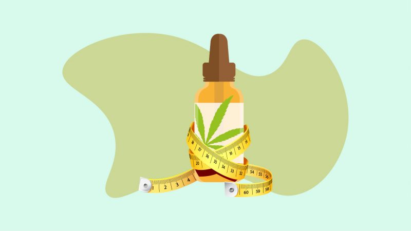 cbd oil bottle with a measuring tape wrapped around on a blue and green background