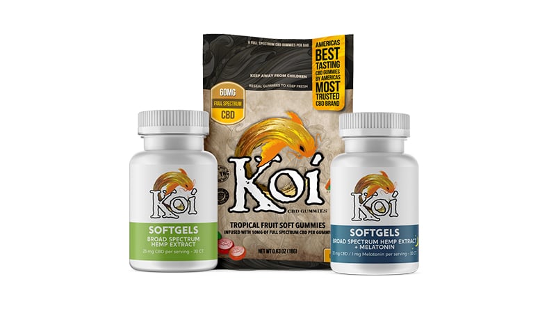 Koi cbd gummies and softgels on white background