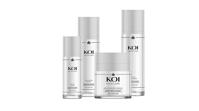 Koi cbd skincare products on white background