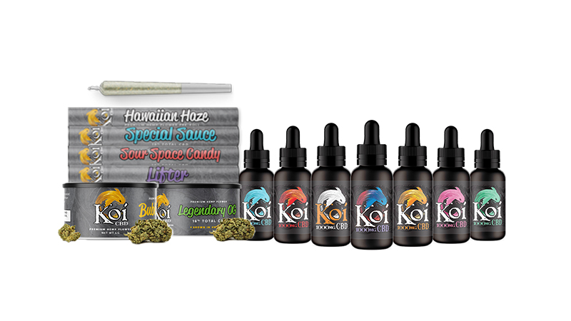 Koi cbd vape juices and smoke products on white background