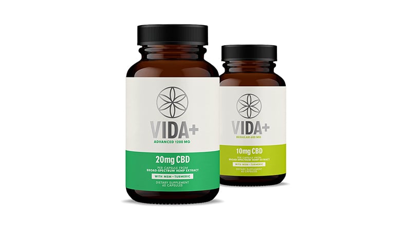 vida plus cbd capsules on white background