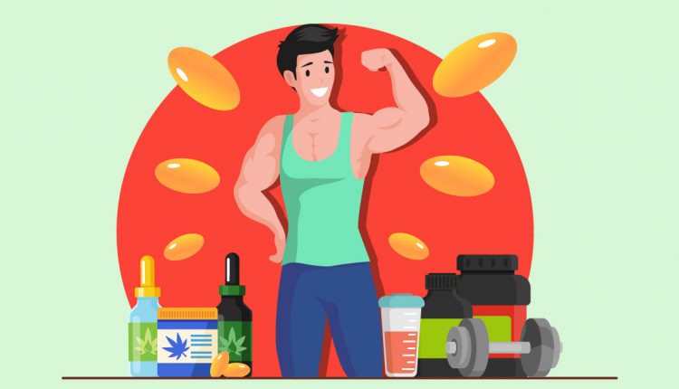 Man Showing Off Biceps with CBD Oil and Capsules and Dumbbell