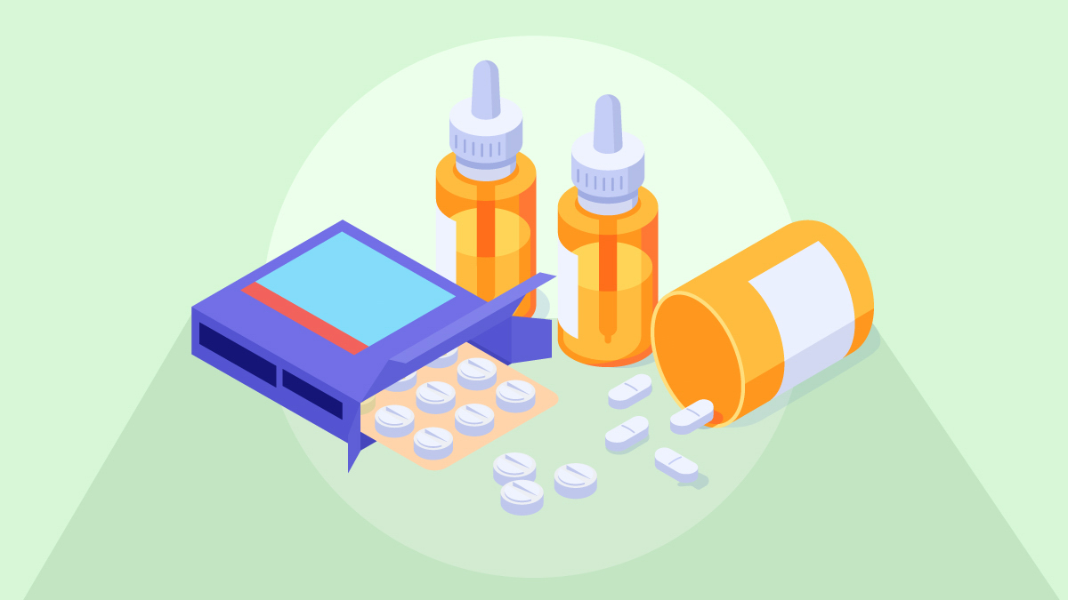 Illustration of CBD Oil Bottles with Metformin Tablets