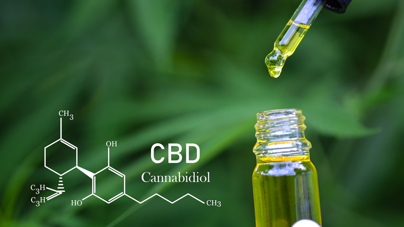 cbd oil bottle with cbd chemistry diagram on a decorative background