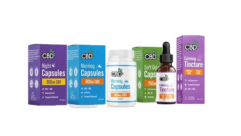 cbdfx oil and capsules products on white background