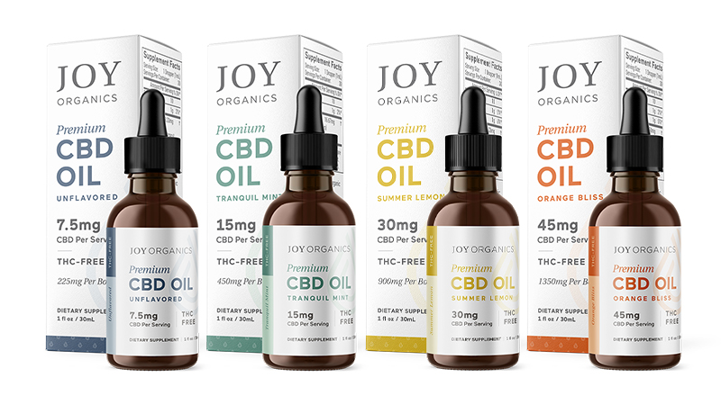 joy organics cbd oils on white background 2020
