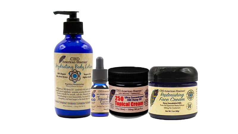 american shaman cbd topical products on white background