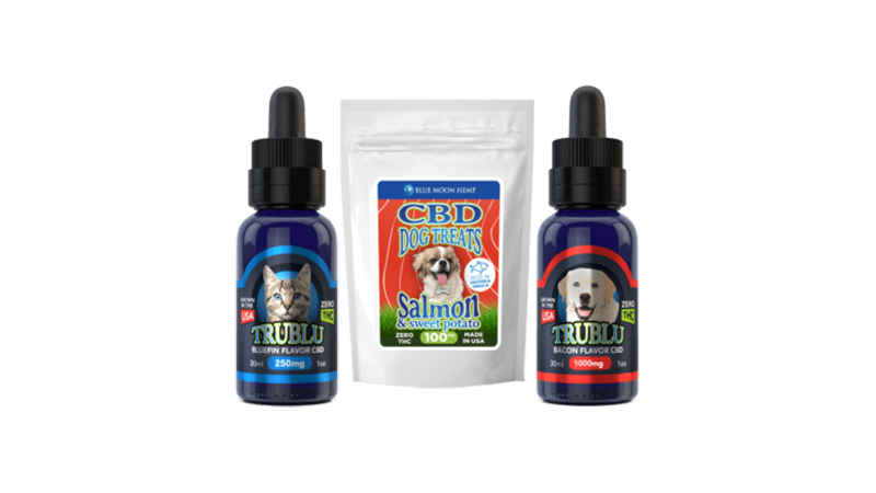 blue moon hemps cbd pet products on white background