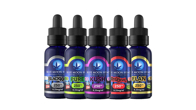 blue moon hemps cbd vape juices on white background