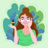 Woman Holding CBD Oil While Touching Her Face Illustration