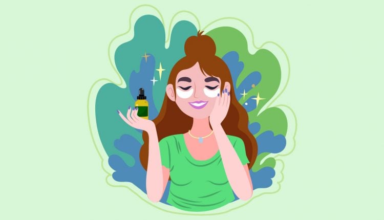 Woman Holding CBD Oil While Touching Her Face Illustration