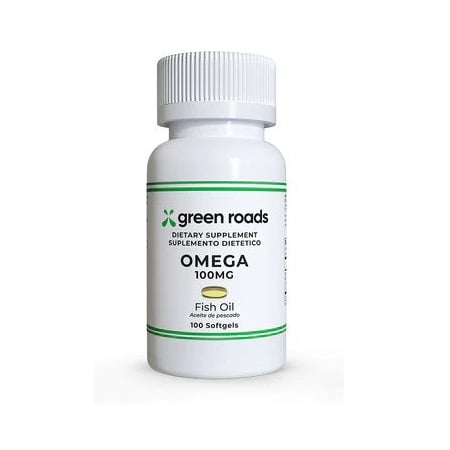 Green Roads dietary supplements omega 100 fish oil soft gels on white background