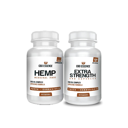 CBD Essence hemp capsules on white background