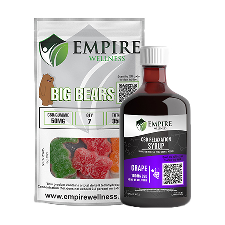 Edible CBD gummies and relaxation syrup products from Empire Wellness on white background