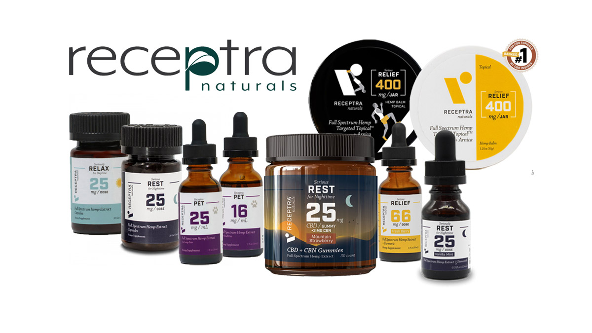 Receptra Naturals CBD Products with Receptra Naturals logo on white background