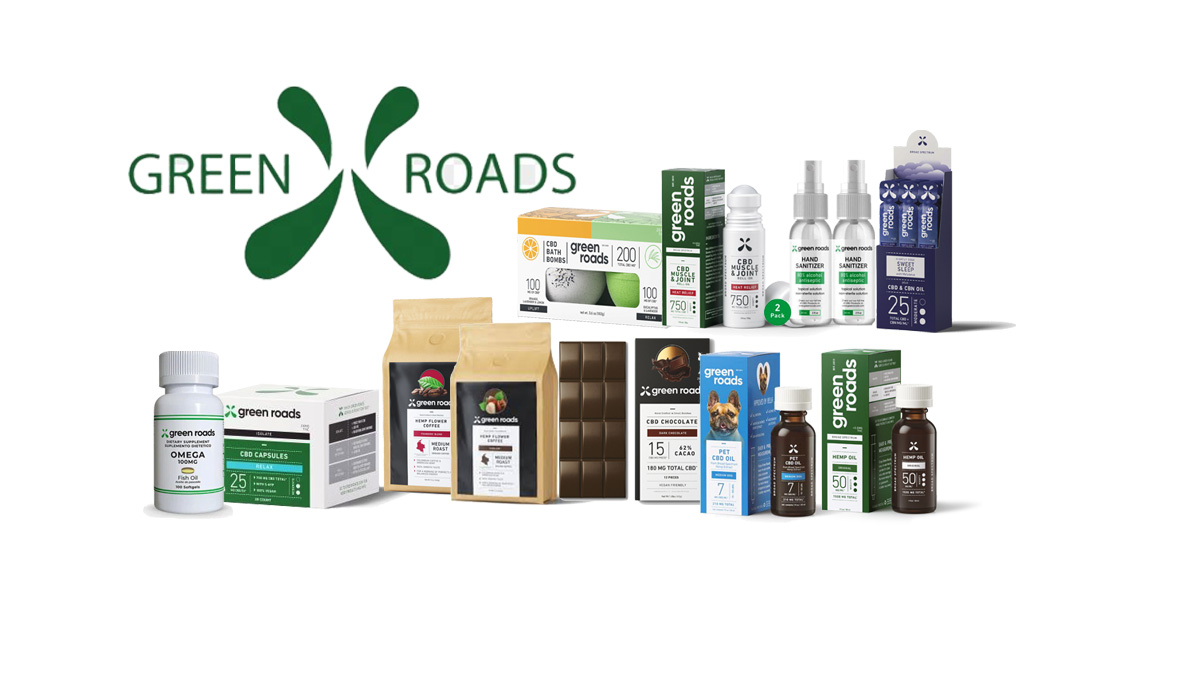 Green Roads CBD Products with Green Roads logo on white background