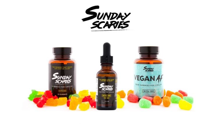 Sunday Scaries regular and vegan CBD gummies, and CBD oil tinctures with Sunday Scaries logo on white background