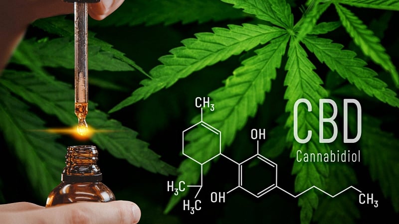 CBD Oil with Hemp Plant Background and Chemical Formula