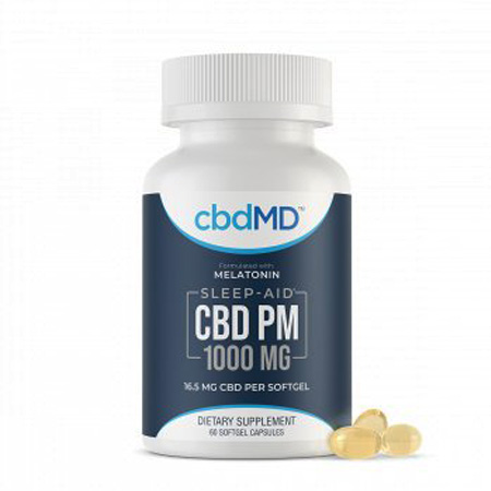 cbdMD hemp capsules on white background
