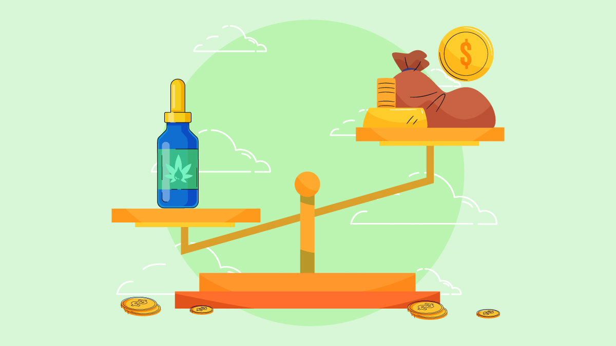 CBD Oil on a Scale with Dollar Sign and Coins Weigh on other Illustration