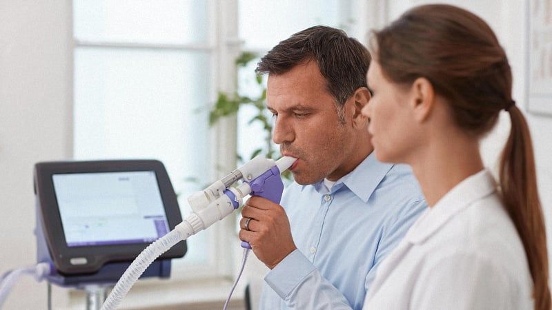 Patient is checking for lung disease by exhaling and inhaling into a machine