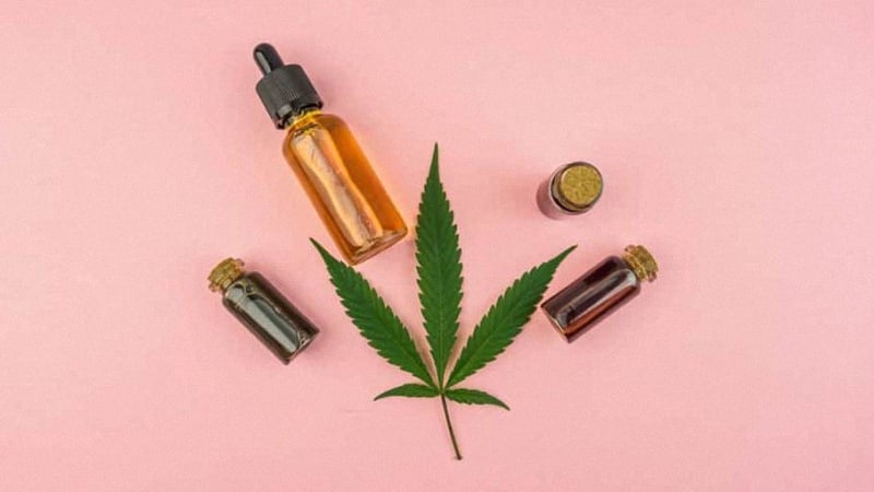 CBD Oil with Hemp Leaf in Pink Background